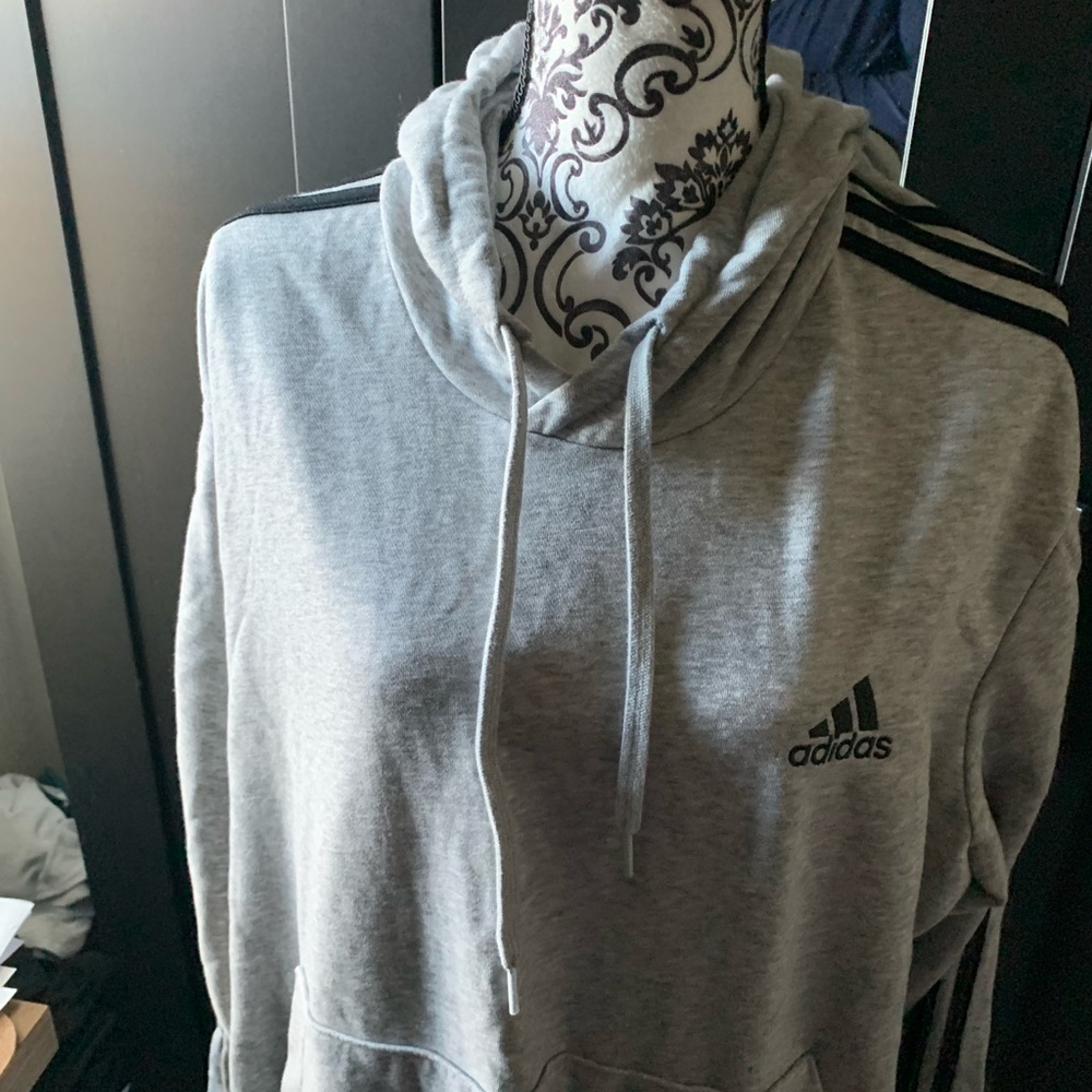 Adidas Grey Pullover Hoodie with Black Shoulder Stripes